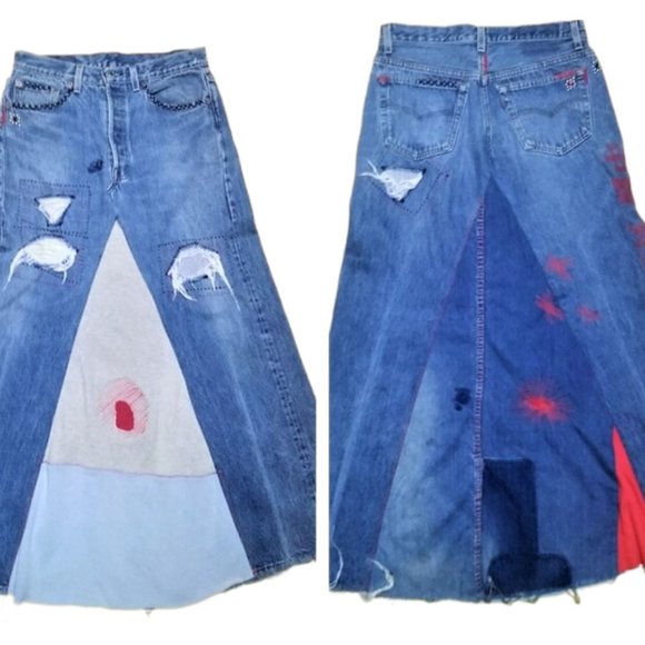 Vintage Levi Strauss USA Hand Made Patchwork Maxi Skirt OOAK Amazing! 32" Waist